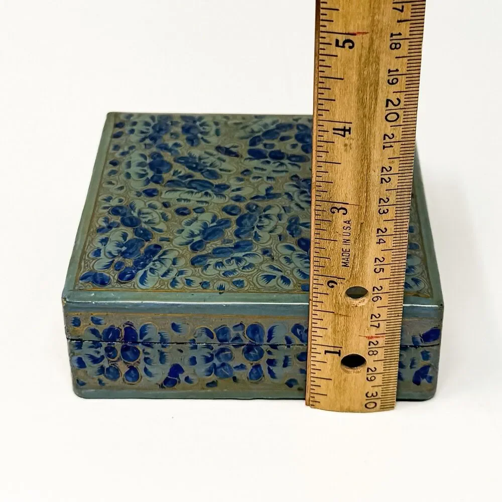Vintage Kashmiri Papier Mache Lacquer Box 6 Hand Painted Floral Coasters